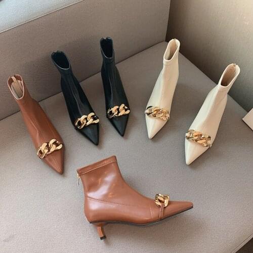 Pointed Toe Women Sock Ankle Boots Gold Metal Chain Short Booties Black Beige Brown Fashion Autumn Winter Boots Woman Size 35-39