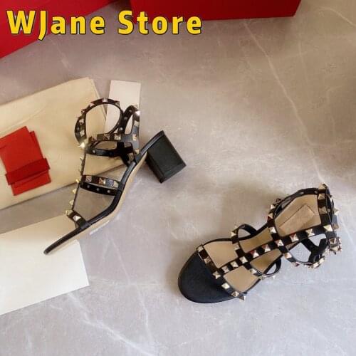 Runway Sandals High Heels For Women Lady Shoes Black Studded Spikes Strappy High Heels Designer sandalias mujer Genuine Leather