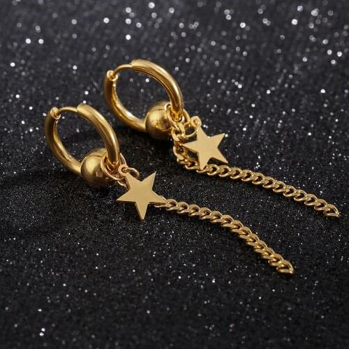 Punk Gold Color Stainless Steel Hoop Earrings for Women High Quality Star Chain Earrings Men Unisex Hanging Earrings Jewelry