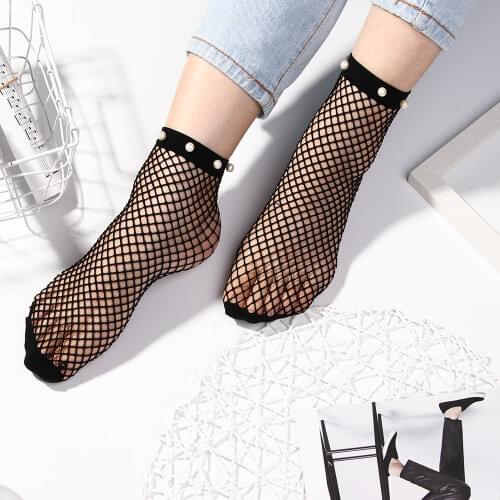 1pair Womens Sock Harajuku Breathable Pearl Fishnet Socks Sexy Hollow out Nets Socks Ladies Mesh Sox Hosiery