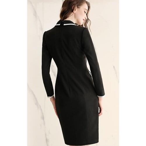 Black Blazer Work Dress Women Slim Long Sleeve Vintage Retro Double Breasted Midi Knee Length Pencil Office Lady Formal Dresses