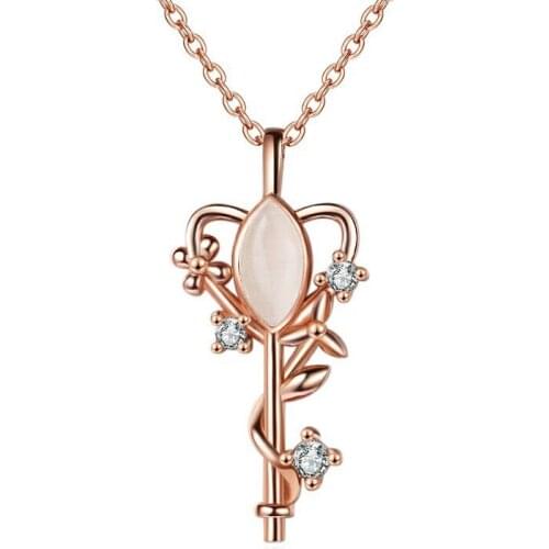 New Fashion Romantic Flower Key-Design Pendant Necklaces For Women Opal Stone Plant Vine Pendant Female Rose Gold Neck Accessory