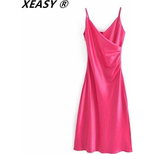 XEASY 2021 Women New Fashion V Neck Solid Color Side Pleats Sling Dress Female Chic Inner Style Zipper Split Vestidos