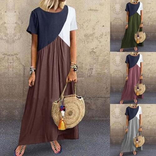 Newest Womens Loose Dress Geometric Stitching Irregular Short-sleeved Round Neck Long Dress