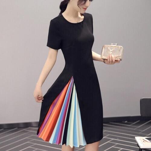 ZITY Elegant Women Vintage Dresses Partial Pleated Rainbow Dress Summer Short Sleeve Black Dress South Korea Office Lay Ol Cloth