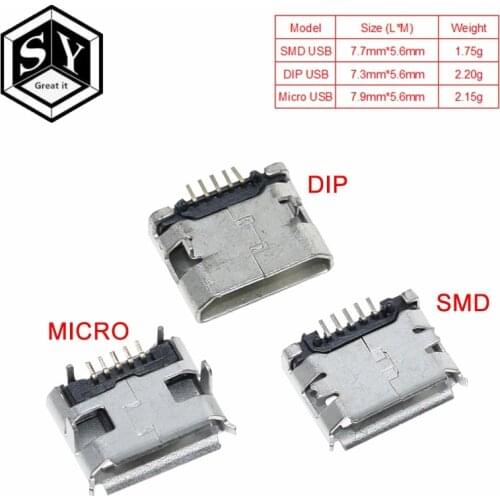 10pcs GREAT IT Micro USB 5P,5-pin Micro USB Jack,5Pins Micro USB Connector Tail Charging socket mini USB