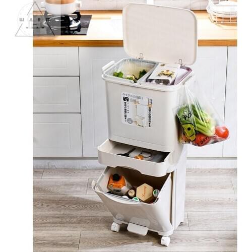 42L Large Double Layers Garbage Trash Cans Kitchen Vertical Waste Sorting Bins with Wheel Garbage Bag Holder Recyclable Storage