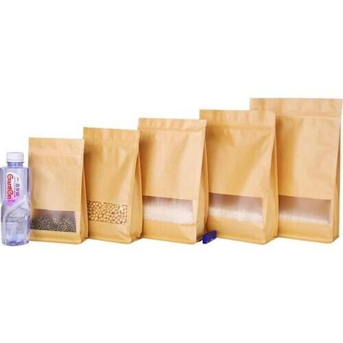 50 Pcs Big Capability Stand-up Kraft Paper Food Packaging Bag with Frosted Window, Pouch for Food Nuts Cookie Candy Baking Tea