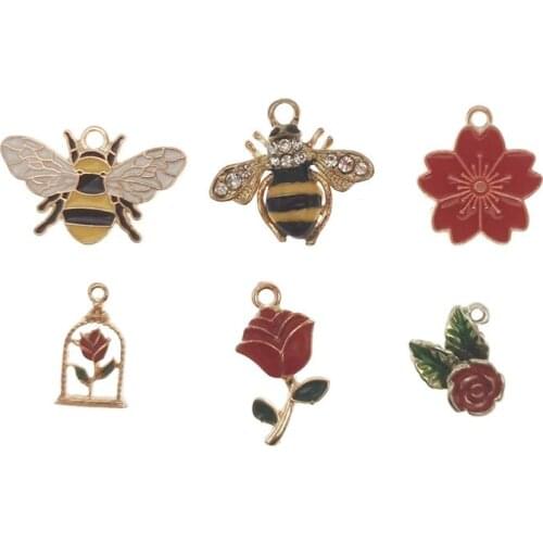 Julie Wang 6PCS Alloy Mixed Bees And Flower Enamel Charms For Necklace Pendant Earrings Fingdings DIY Accessories Jewelry Making
