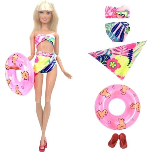 1 Set Doll Swimsuit Bow-Bikini + 1x Random Swim Ring +1 Pairs Slippers Shoes Clothes for Barbie Doll Accessories