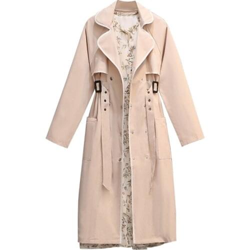 Large size 4xl women fashion set 2021 spring autumn new fashion floral dress + double-breasted windbreaker two-piece sets 65