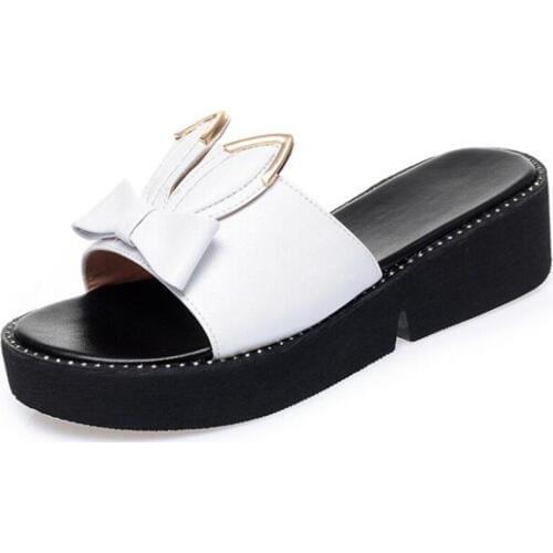 2020 Summer New Genuine Leather Women Sandals Thick Bottom Slippers Comfort Non-slip Wedge Sandals Concise Bow Fashion Sandals