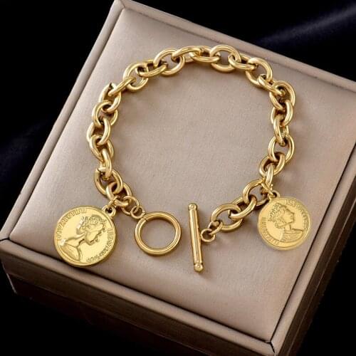 Punk Style OT Button Thick Chain Bracelets Round Beauty Head Pendant Bangle Colorfast 316L Stainless Steel Best Gift For Women