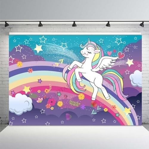 Photocall Rainbow Unicorn Backdrop Fantasy Stars Floral Baby Shower Birthday Party Child Portrait Photography Background Decor
