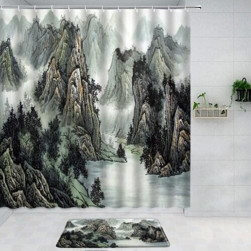 Chinese Ink Landscape Painting 3D Shower Curtain Set Bath Mats Rugs Bathroom Curtains Fabric Washable Mat Bathroom Products