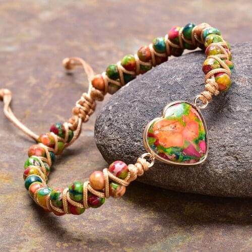 Colorful Natural Stone Heart Shaped Bead Woven Beaded Bracelet Adjustable Friendship Bracelet Bestfriend Women Gift Boho Jewelry