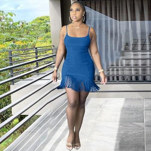 Summer Skinny Spaghetti Strap Mini Dress for Women Lady Sexy Sleeveless Tassels Tight Dresses Female Bodycon Party Vestidos