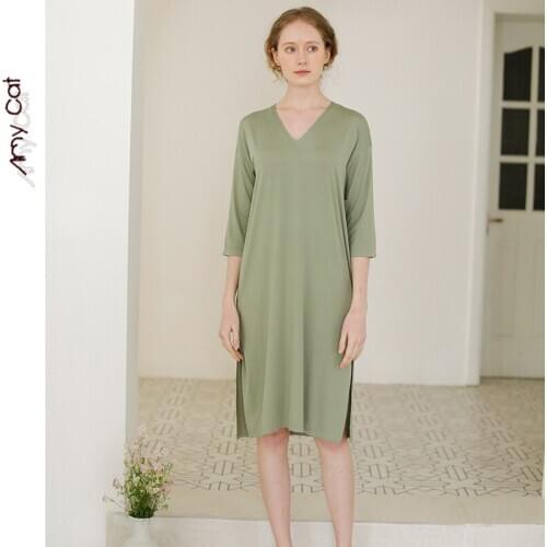 2020 Summer Modal Solid Color Short-Sleeved Nightdress V-Neck Multi-Color Leisure Womens Nightgown Sleepwear Home Sleeping Dress