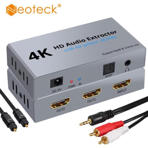 Neoteck 4K HDMI-Compatible Audio Extractor 2 Way Splitter DAC Digital to Analog Stereo 3.5mm 4k 60hz Digital to Analog 3.5mm DAC