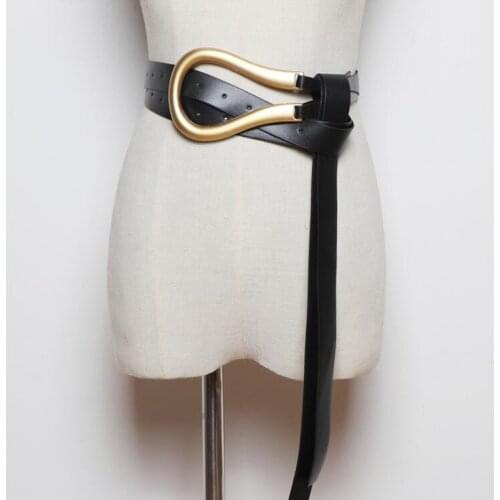 New Fashion women long belts gold alloy weight buckle super soft PU leather holes wide cross body belt knotted waistbands girl