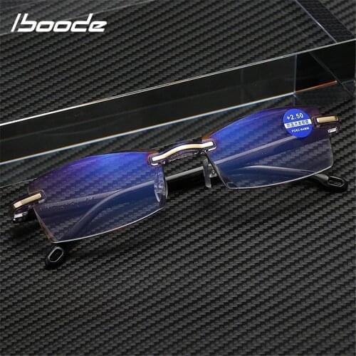 Iboode Reading Glasses Men Women Anti Blue Light Rimless Diopter Glasses Business Male Presbyopic Eyeglasses Lenses +1.0 1.5 2.0