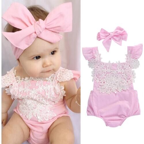 Pudcoco Newborn Infant Baby Girl Clothes Pink Lace Floral Romper+Headband Outfits Baby Summer Clothing Sunsuit 0-18M