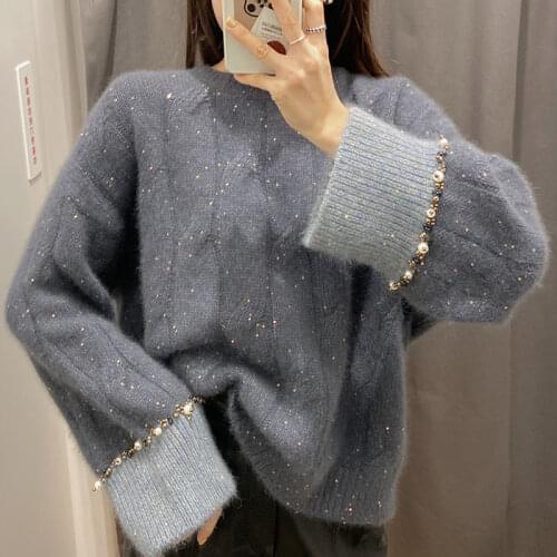 New Fall Winter Fluffy Sweater Womens Beading Pullover Winter Warm Oversized Cropped Sweaters Harajuku Jumper Knitwear Clothes