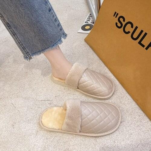 SUNNYS 2021 New women slippers home Winter Indoor Warm Shoes Thick Bottom Plush Waterproof Leather house cotton shoes large size