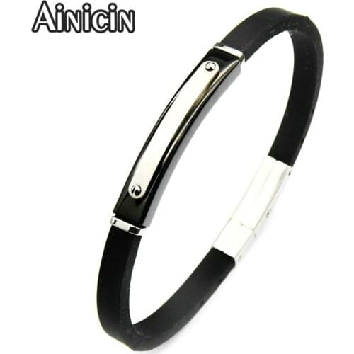 High Quality Stainless Steel Plain With 6mm Wide Black Rubber Fashion Mens Silicone BraceletsAdjustable Bangle