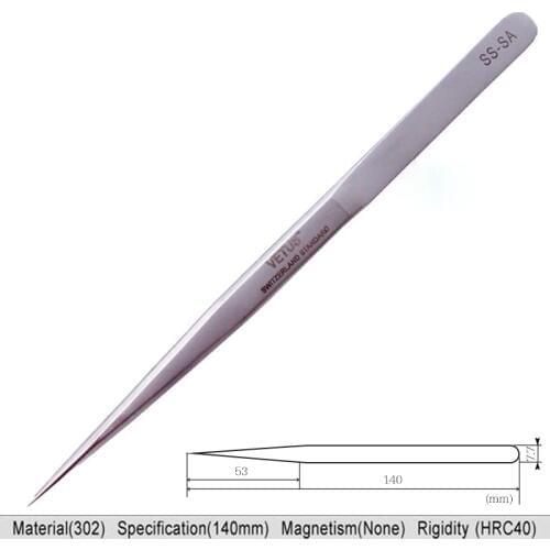 VETUS SS-SA High Precision Stainless Steel 14mm Pointed Tweezers Clamps Lengthened Medical Nest Maintenance