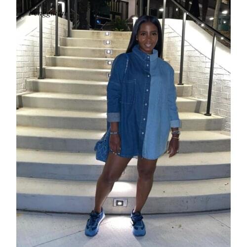 2021 New Womens Casual Denim Jacket Fashion Street Sexy Personality Trend Loose Long-Sleeved Contrast Color Mid-Length Jacket