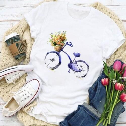 Car And Flower Graphic Print Ladies Tshirt Beautiful Fashion White Round Neck Short Sleeve Summer Casual Female Tee Shirts