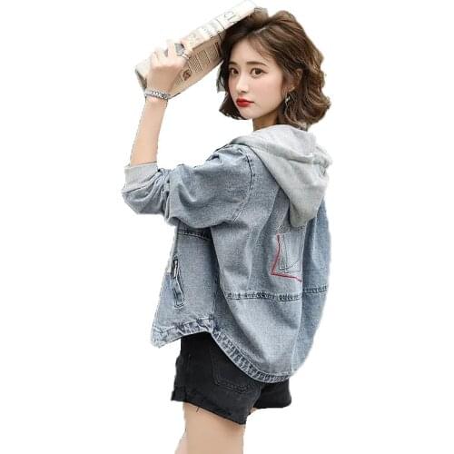 Women Fashion Denim Jacket 2021Female Spring Korean Version Loose BF Short Hooded All-Match Coat Fake Two-Piece Denim Jacket A77