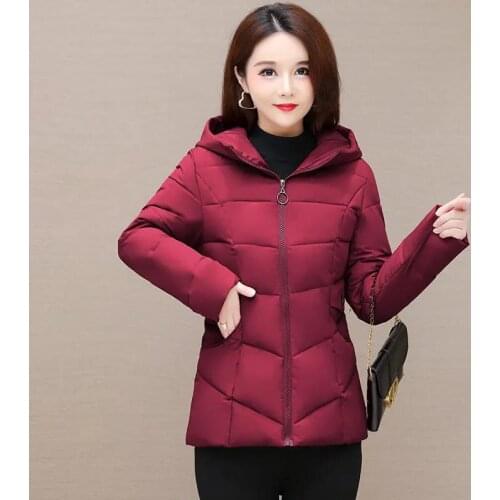 2021 Women Down Cotton Jacket Winter L-4XL Hooded Elegant Coat Warm Jackets Thickening Red Wine Fashion Parka Female Outerwear