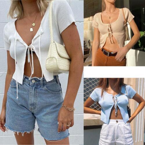 2020 Womens Sexy Solid Color Lace-up Thread Wrapped Chest Short Sleeve Crop Top