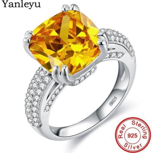 Yanleyu 100% Real 925 Sterling Silver Wedding Rings for Women Big Yellow Cubic Zircon CZ Ring Fashion Party Jewelry Gift PR111