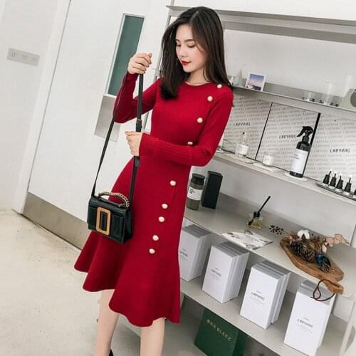 Women Dress Long Sleeve Trumpet Dresses 2021 Autumn Winter Knitted Sweater Dress Warm Causal Ladies Party Dress Vestidos Mujer