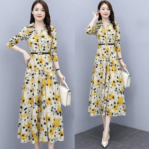 Printed Shirt Dress Women 2021 Autumn New Fashion Temperament Long Sleeve Turn Down Collar Elegant Floral Chiffon Dress M378