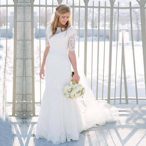 Robe de mariage A line 2016 New Bateau Appliques Half Sleeve Bridal Dress vestido de noiva com renda Cheap Lace Wedding Dresses