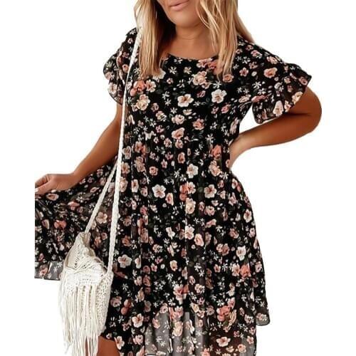 Vintage Dress Women Floral Round Neck Nylon Loose A-Line Elegant Dress Beach Plus Size Knee-Length Dress