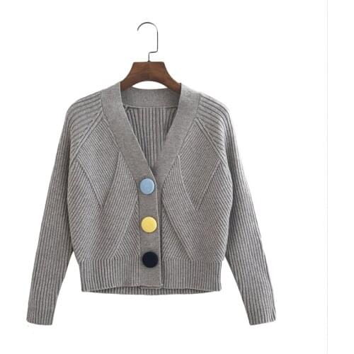 Winter Spring Women Grey Knitted Cardigans Button Decorate Long Sleeve Short Style Stretchy Sweater Ladies Casual Sweaters