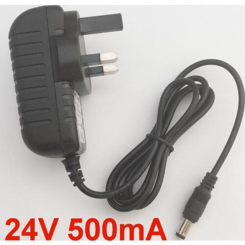 100PCS 24V 500mA High quality, IC program AC 100V-240V Converter Adapter DC 0.5A Power Supply UK Plug DC plug 5.5mmx2.1-2.5mm