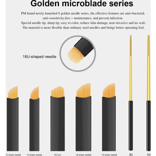 25pcs Goden Plasted 0.18MM Nano Sharp U18pins V16pins 14FS 16FS 18FS 19FS R3 R5 Manual Microblading Micro Blades Needles