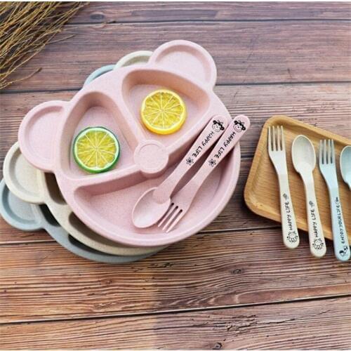 3Pcs/Set Baby bowl+spoon+fork Feeding Food Tableware Cartoon Bear Kids Dishes Eating Dinnerware Anti-hot Training Dinner Plate
