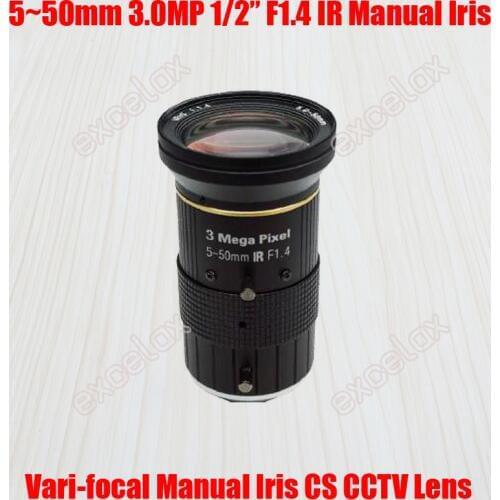 3MP 1/2" 5-50mm F1.4 IR CS Mount Manual Iris Varifocal CCTV Lens for 960P 1.3MP 1080P 2 Megapixel Analog IP Body Box Camera