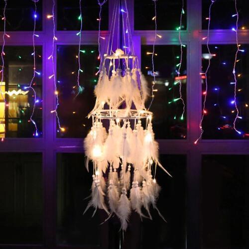 Large LED light Dream Catcher DIY Wedding Decoration Double Circle White Feather Wall Hanging Decoration for Girls Bedroom Gifts