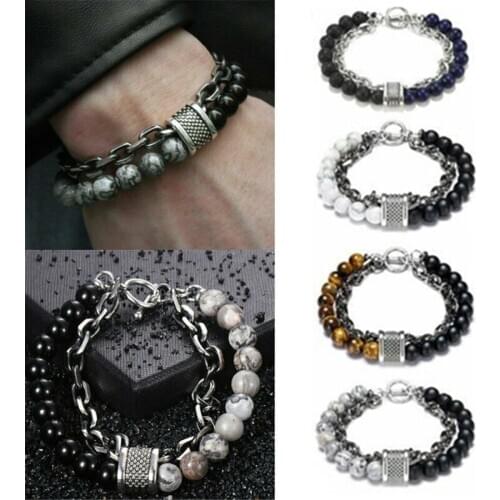 Natural Stone Tiger Eye Beads Punk Bracelet Stainless Steel Men Woman Jewelry
