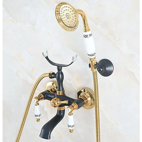Black Gold Bathroom Tub Faucet Wall Mounted Mixer Tap W/ Telephone Style Hand Shower Sprayer zna573