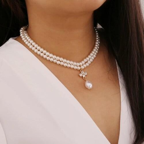 Double Row Imitation Pearl Choker Necklace Sweet Rhinestone Crystal Pendant Necklace for Women Romantic Wedding Trendy Jewelry