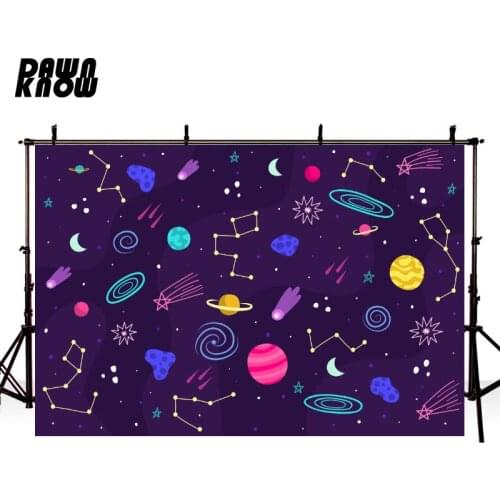 DAWNKNOW Cartoon Space Moon Rocket Photography Background Backdrop Children Birthday Party Decoration Tapestry Photo Studio